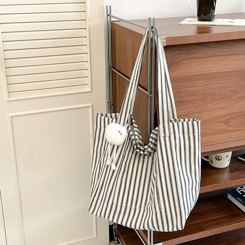 Striped Canvas Bag Women's Large-capacity Summer New Casual Shoulder Bag College Student Class Tote Bag