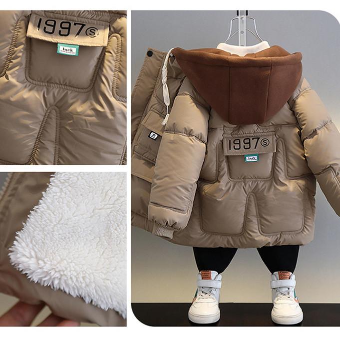 Kids Thick Winter Coat Boys Fleece Lined Down Jacket Washable Lambskin Outerwear Warm Padded Coat For Boys