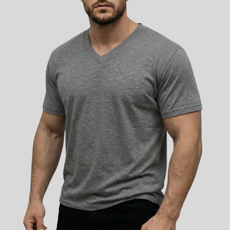 Men V Neck Short Sleeve T Shirt Slim Fit Solid Color Casual Basic Top