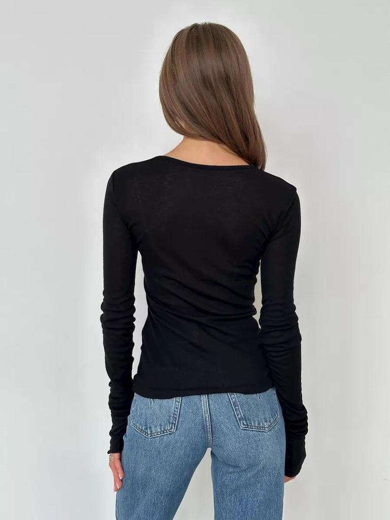 Autumn 2024 European & American Style Women's Slim Fit Solid Color Bell Sleeve Top