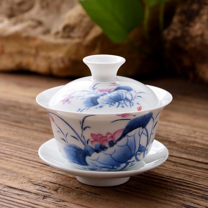 3.4-Inch Blue & White Ceramic Gaiwan Tea Set - 3-Piece, 100ml Capacity