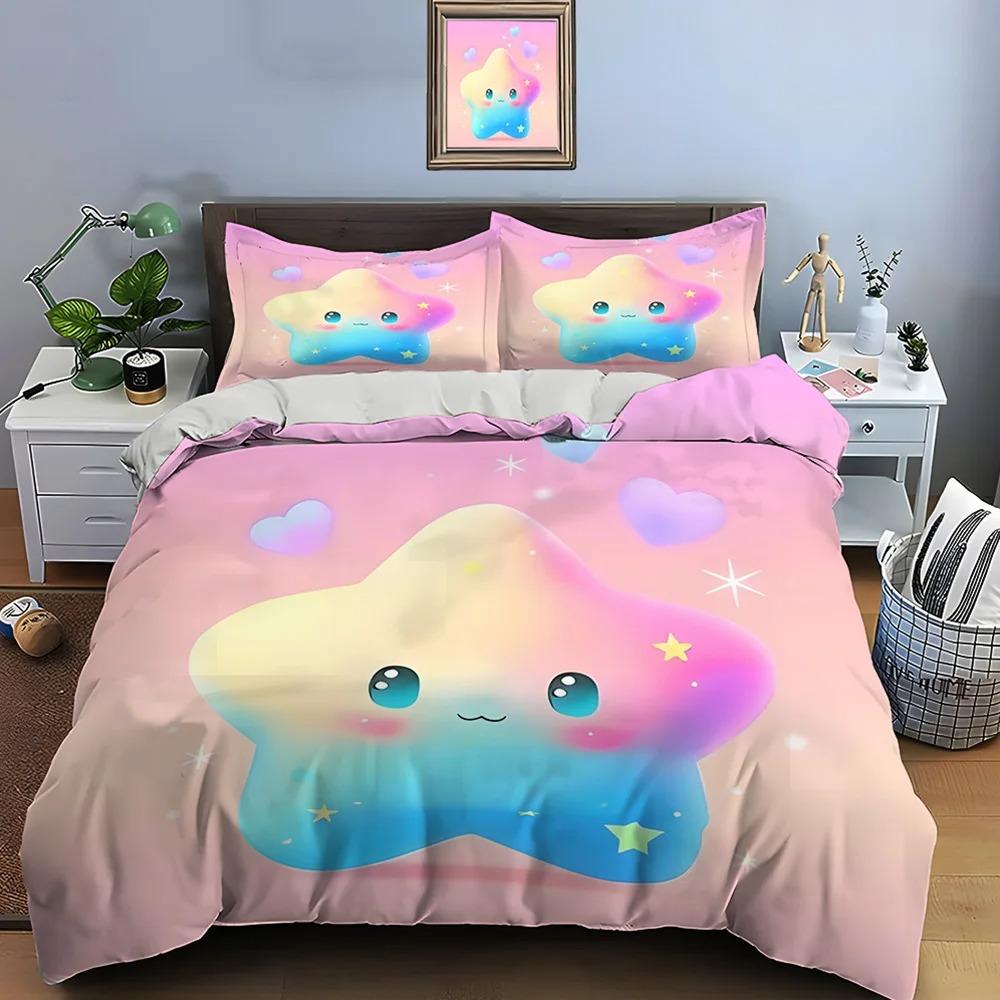 Star Duvet Set 200x200cm 2/3 Piece Set, Single Double Bed Microfiber Duvet Cover Pillowcase Kids Girls Bedding Set Gift