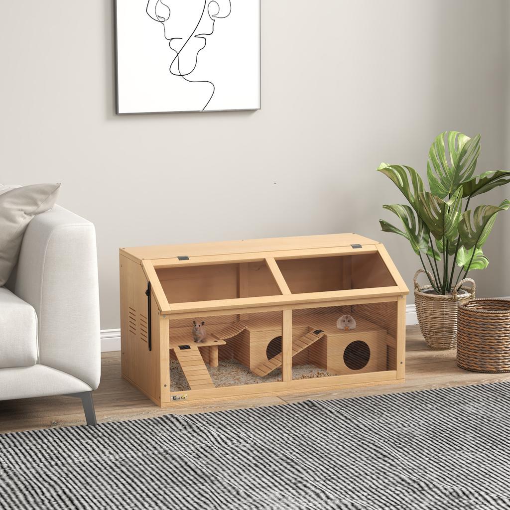 Hamster Cage, Wooden Small Animal Cage for Gerbils, Mice W/ Suspension Bridge, Openable Top, Hut, 85 X 45 X 44cm Nature