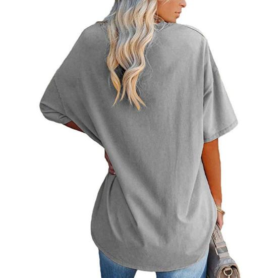 Tričko s výstřihem do V, krátký rukáv, prodyšné, dámské, jednobarevný, volný svetr, streetwear