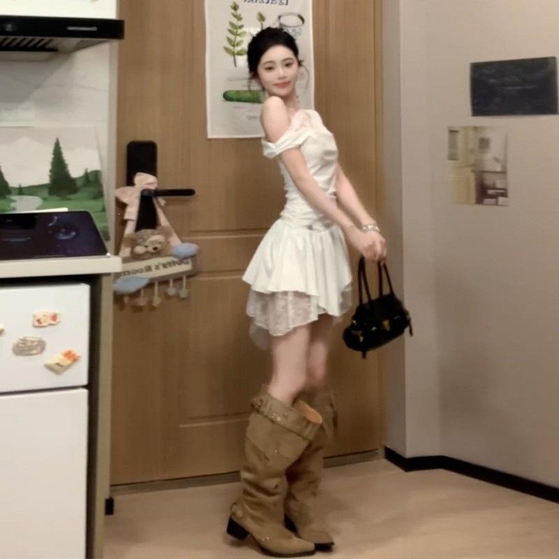 French pure desire wind slanted shoulder lace splicing dress children's 2026 summer new design irregular short skirt