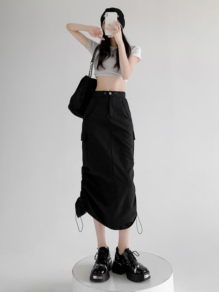 Cargo Midi Skirt Women Summer Slim High Waist Slit A-line Skirt Stitching Drawstring Female Streetwear Vintage Y2K Grey