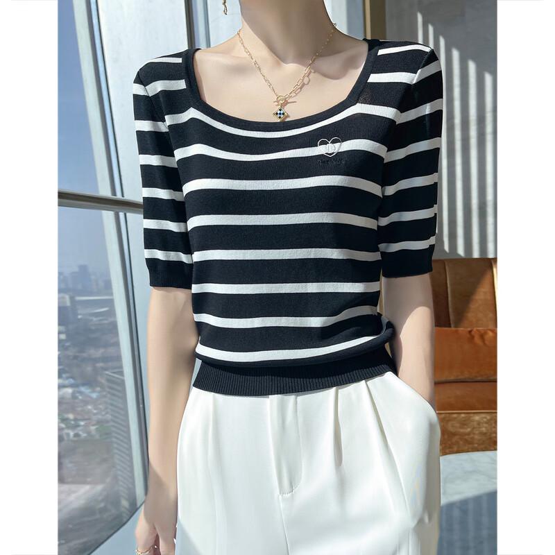 Women's Striped Ice Hemp Square Neck Knit Top
