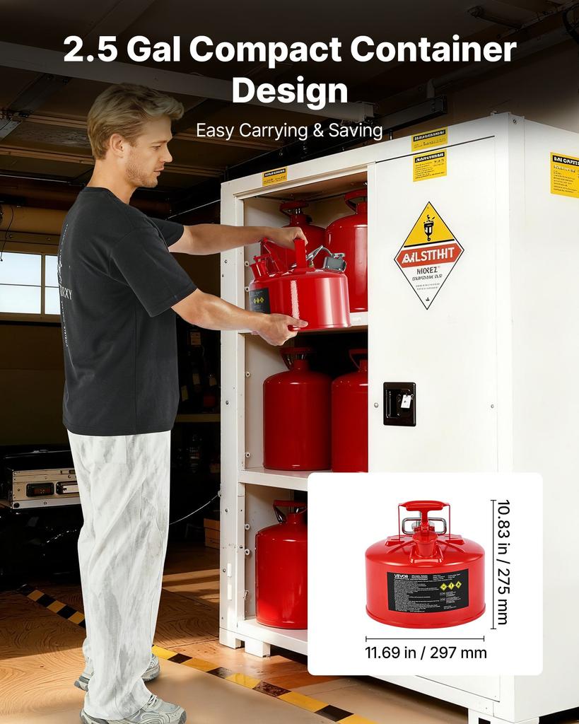 VEVOR Safety Gas Can, 9.5 L Type II Red Safety Can for Gasoline with Stainless Steel Flame Arrester, Self-Closing Lid, and Flexible Metal Spout