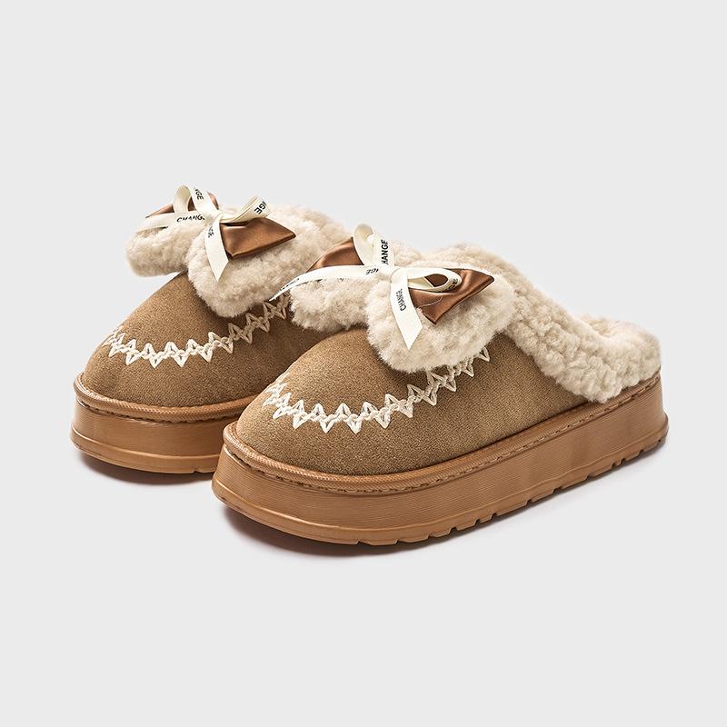 Embroidered Lace Cotton Shoes, New Products In Winter, Indoor Household Non-slip, External Wear, Velvet Warm Lamb Wool All-inclusive Cotton Shoes