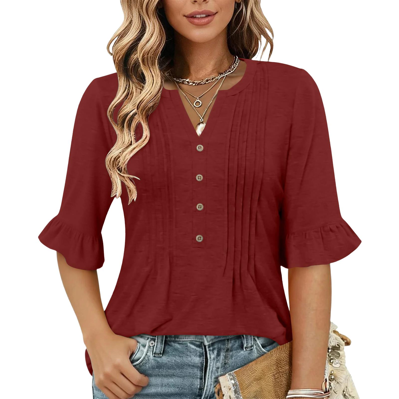 Women s Fashion Casual V-Neck Button-Front Pleated T-Shirt With Short Sleeves In Color L