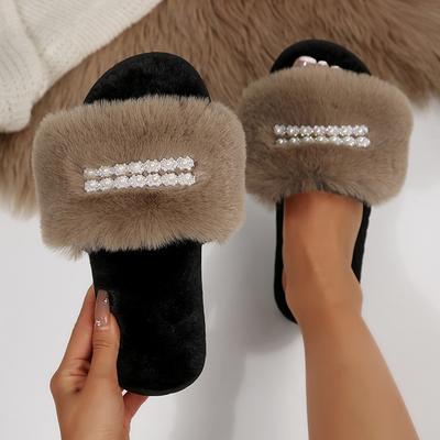 Herfst Winter Open Teen Pluizige Bont Pantoffels Dames Parel Decoratie Antislip Pluche Huis Slides Vrouw Comfort Zachte Zool Bont Pantoffels