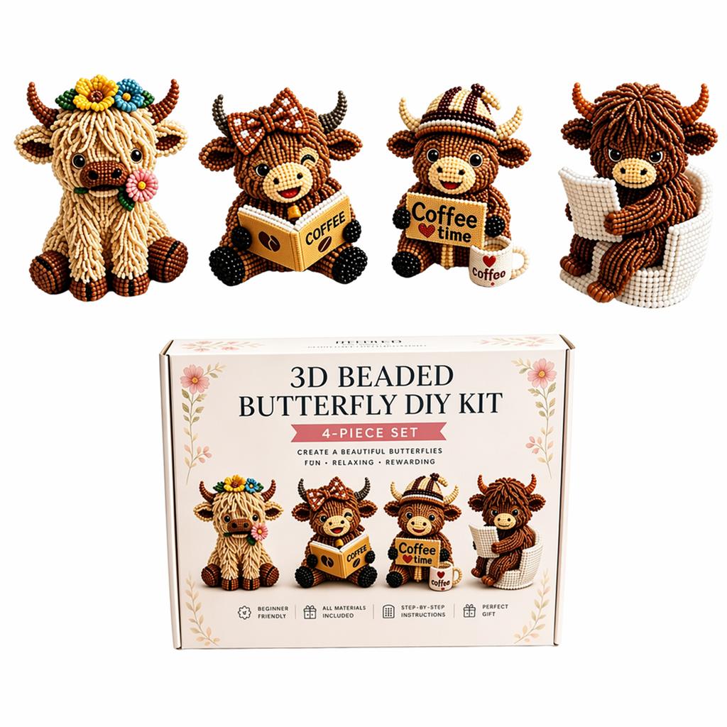 3D DIY Beaded Animal DIY Kit with 4 Cute Highland Cow Handmade Bead Art Kit Beads Making Kit for Beginners and Craft Enthusiasts