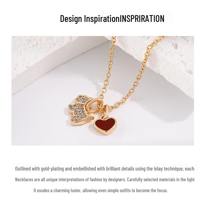 AG French Zircon & Diamond Heart Necklace - Mother-of-Pearl and Agate, Luxury Dog Design Clavicle Chain.