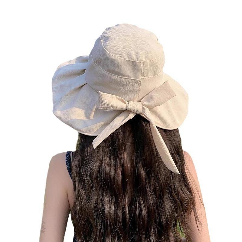 Ready To Ship Women Big Bowknot Wide Brim Bucket Hat Foldable Packable Beach Sun Caps Ladies Elegant Summer Holiday Sunshade Hat