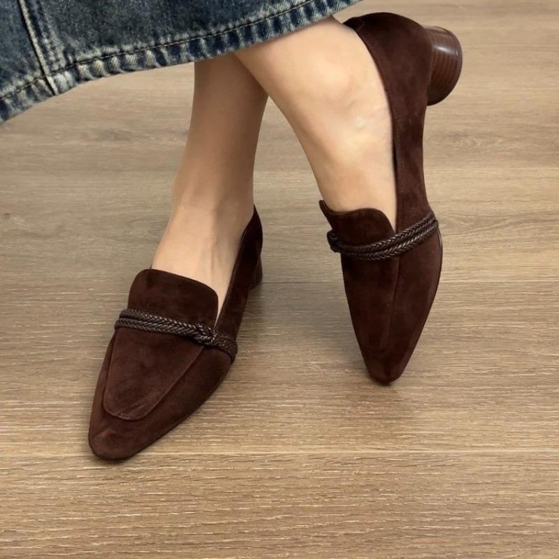 Ladies' Handmade Minimalist Suede Leather Shoes, Brown Velvet Leather Fried Surface Twisted Rope Women's Shoes