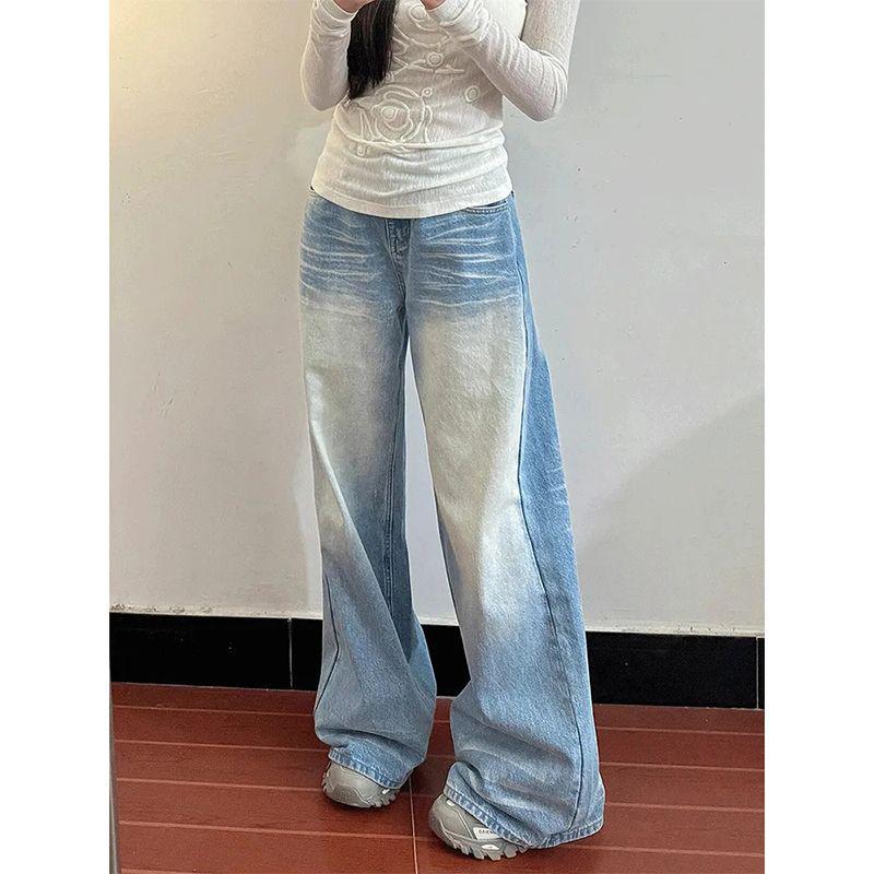 

Light Blue High Waist Wide Leg Jeans for Women - Slimming, Floor-Length, Petite Fit, Korean Style Small
