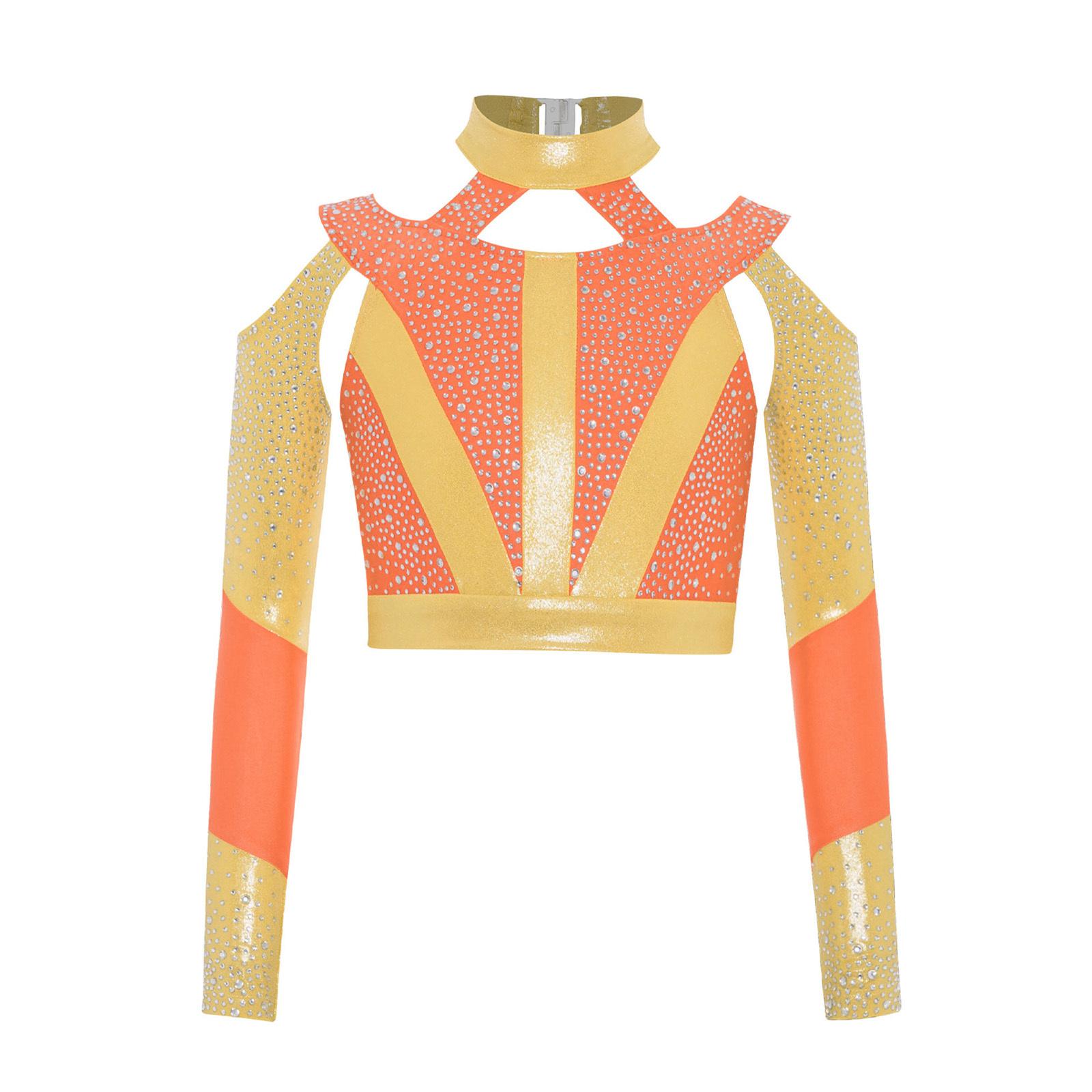 

Топ для гімнастики, акробатики, танців для дівчаток, з довгим рукавом, блискучими стразами, кольоровим блочним дизайном, вирізом на спині навхрест, укорочений помаранчевий
