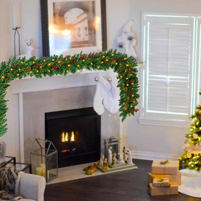 270CM Christmas Artificial Pine Garland with LED Light Red Berries Pinecone Glowing Faux Pine Needle Rattan Mantle Fireplace Porch Hanging Decoration