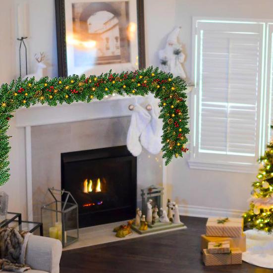 Yousheng 270CM Christmas Artificial Pine Garland with LED Light Red Berries Pinecone Glowing Faux Pine Needle Rattan Mantle Fireplace Porch Hanging