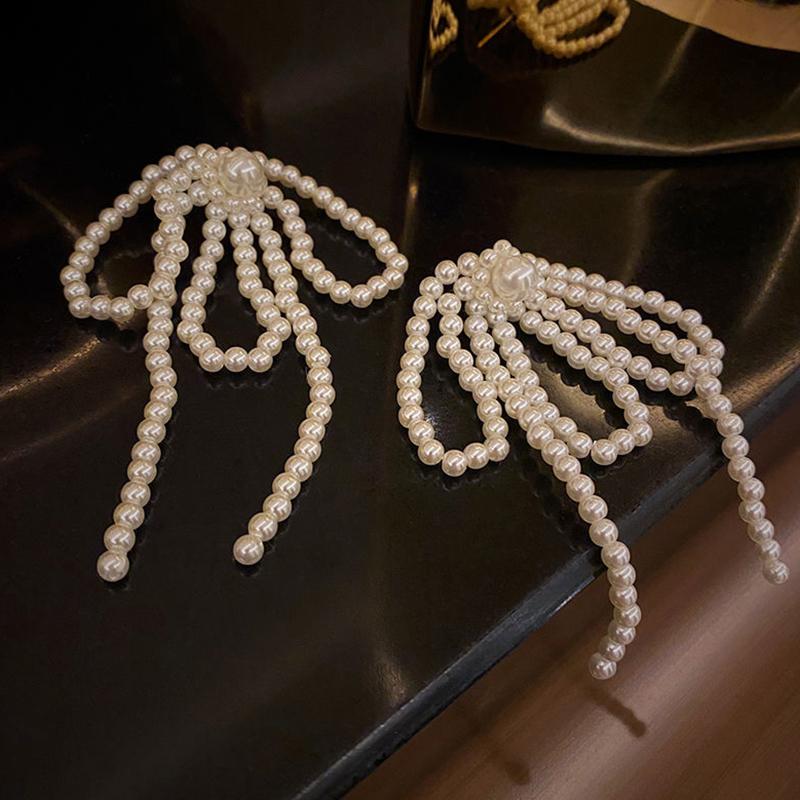 

Tassel Earrings Bow Imitation Pearl Earrings Temperament Dangle Earrings