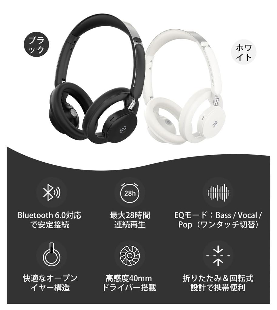 Wireless Bluetooth Up to 28 Hours of with No Ear EQ Mode Compatible with iPhone and Foldable 6.0 Headphones, Open-Ear, Playtime, Mic, Lightweight,