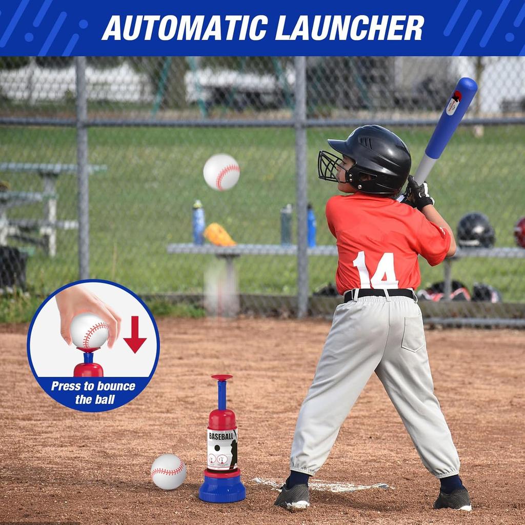 3-in-1 Baseball Set for Kids 3-5 - Tee Ball Stand, Hanging Tee, Ball Launcher and 6 Softballs - Adjustable Height, Indoor/Outdoor Sport Gifts for