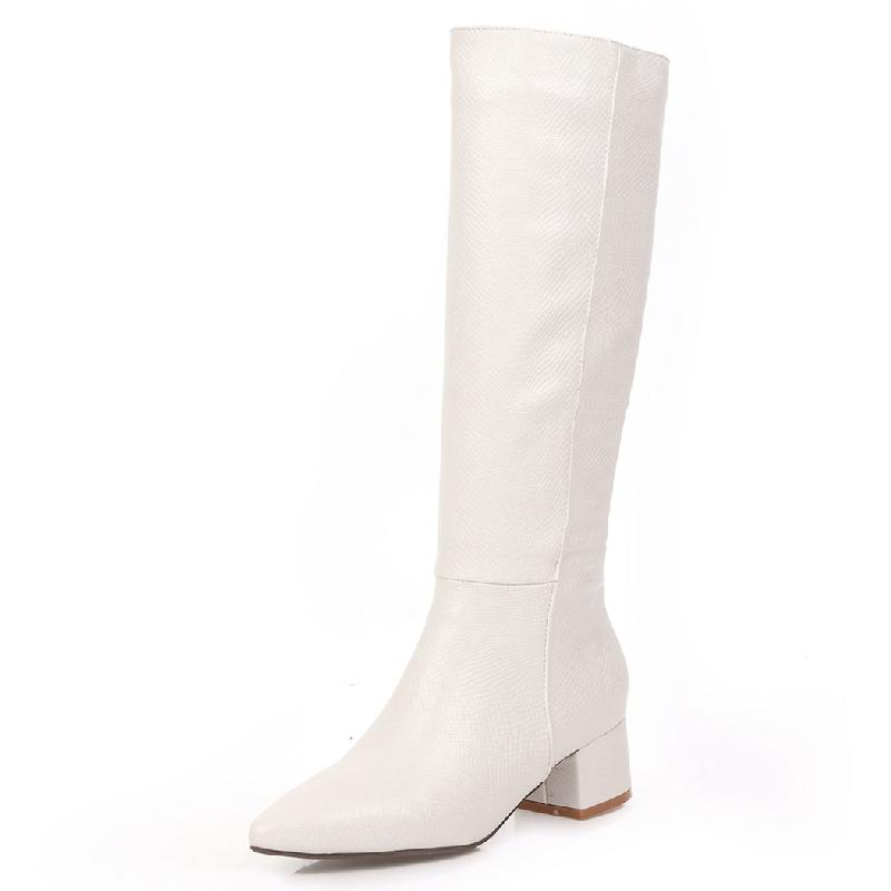 Western Cowboy High Boots for Women Winter Knee High Boots Snake Leather Pointed Low Heels Casual Long Shoes Female Large Size
