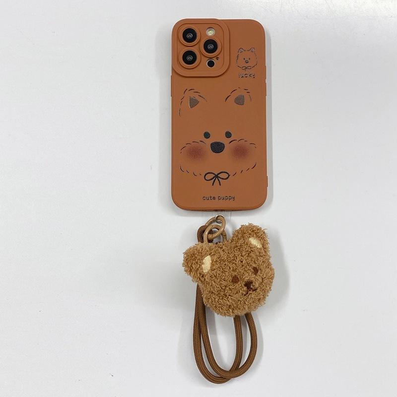 Brown West Highland Applicable iPhone16 Mobile Phone Case Cute Puppy 15Pro Maillard Autumn and Winter Plush Hand Rope