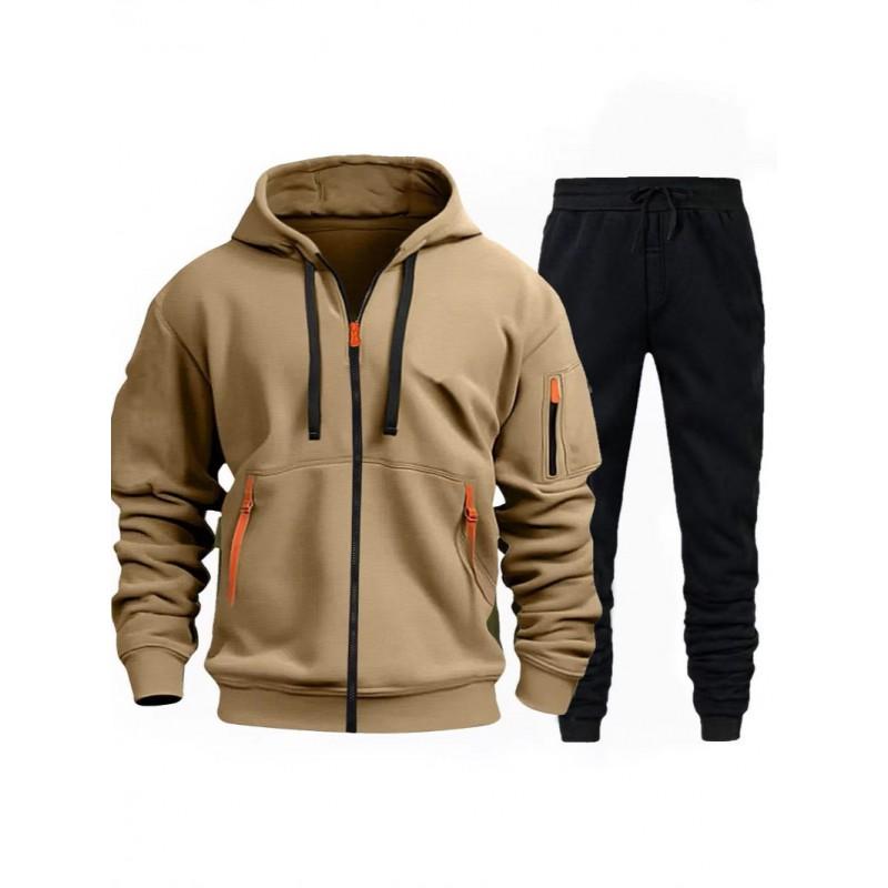 Mens Fleece-Lined Hooded Sweatshirt Set Casual Long Sleeve Tracksuit Winter Outfit