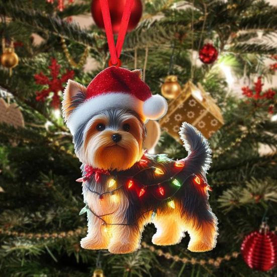 Christmas Ornament Flat 2D Acrylic Lion Wearing Santa Hat Charm Christmas Hanging Ornament with Rope