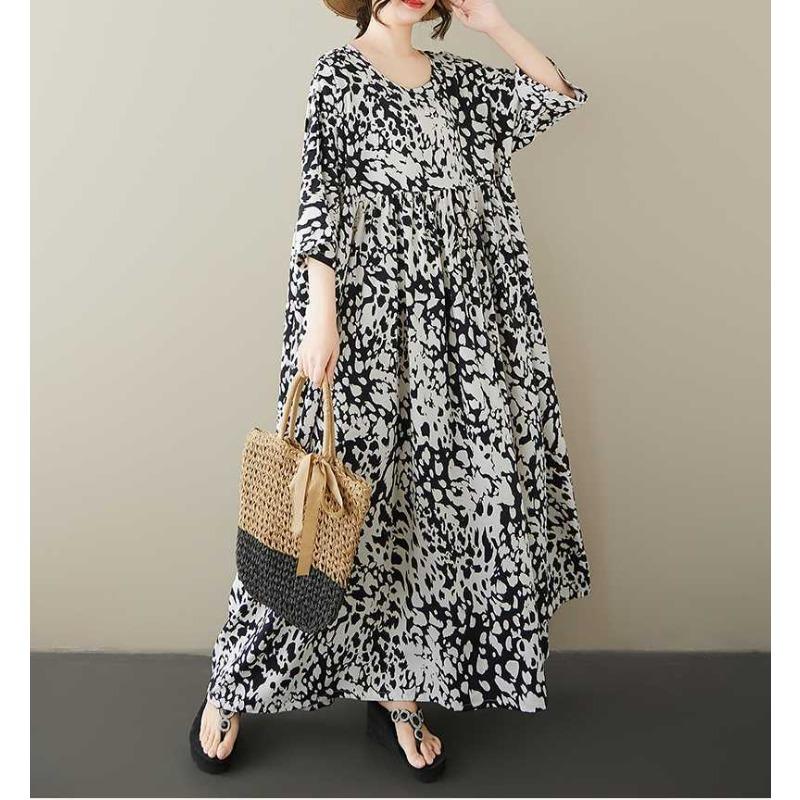 Ladies' Casual Vacation Black and White Leopard Print Round Neck Shoulder with Loose Sleeves, Big Swing Dress