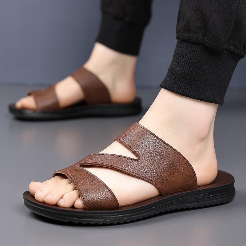 Fashion New Men Casual Leather Slippers Handmade Half Drag Fashion Male Beach Sandals Travel Summer Beach Shoes Outdoor All-match Flats