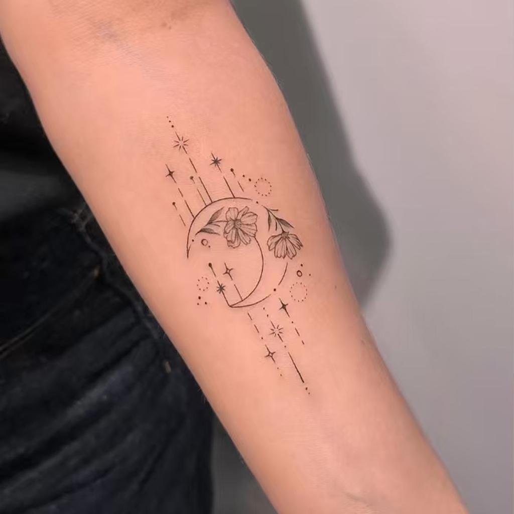 High-End Romantic Simple Small Fresh Moon Plain Flower Star Fringed Line Tattoo Sticker