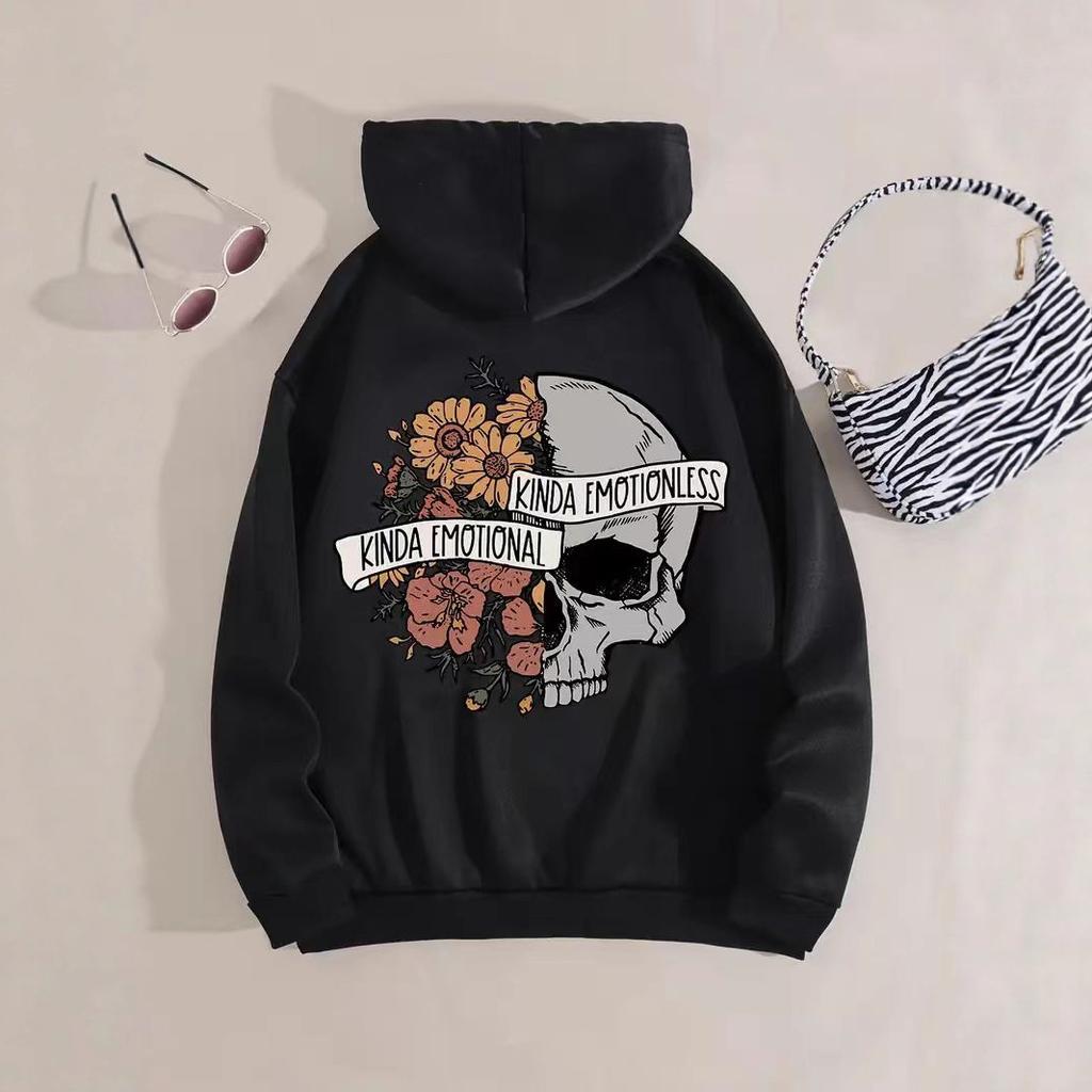 Ladies Spring Autumn Casual Hooded Long Sleeve Big Pocket Halloween Skull Flower Printed Pullover Hoodies Sweatshirt Top
