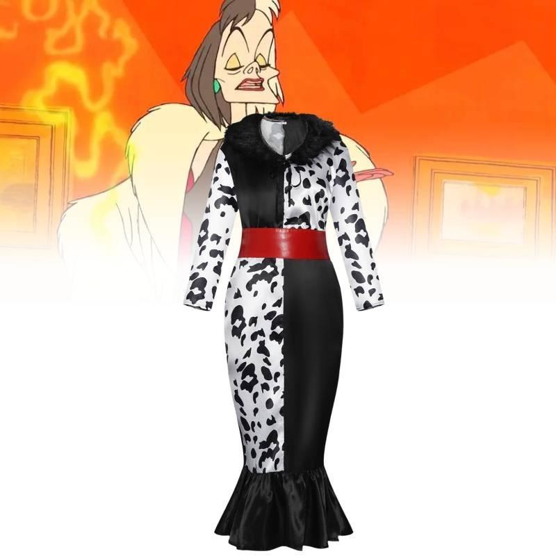 Elegantes Cruella De Vil Cosplay-Kleid mit Kunstfellkragen für Unisex-Erwachsene