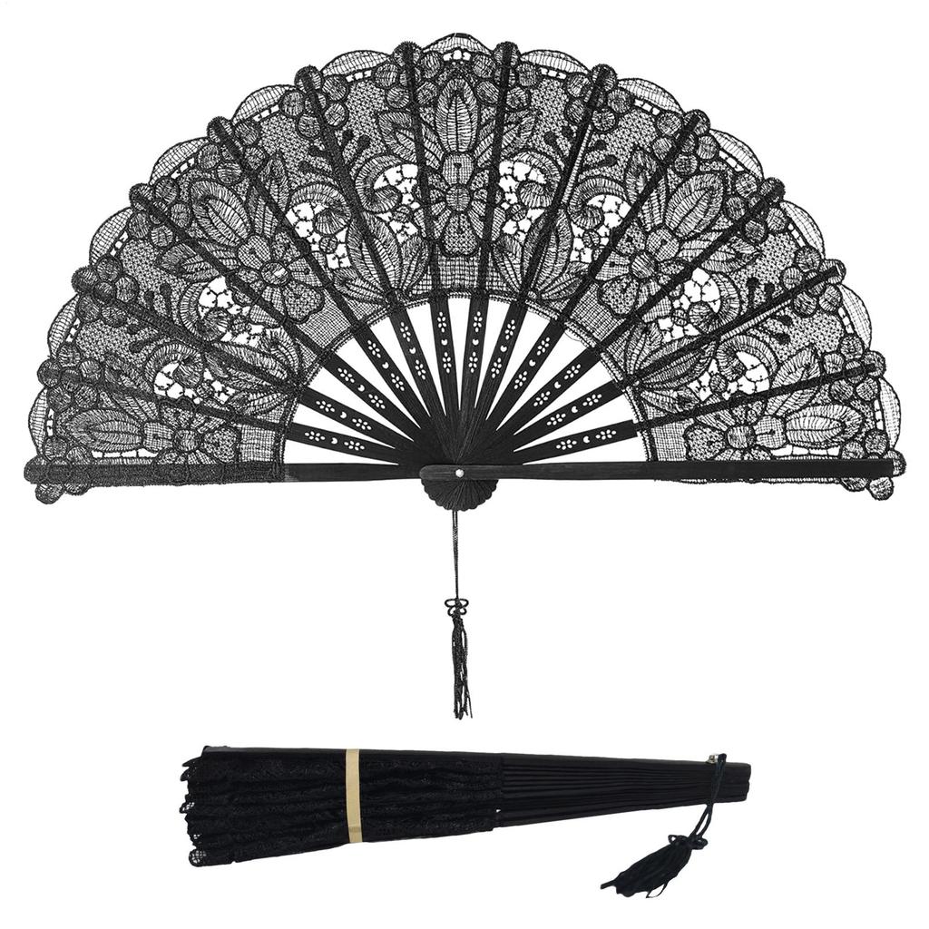 Ladies Lace Hand Fan Black Folding Fan Victorian Hand Fan for Wedding Party Favor Gift Dance Fan Ornament Halloween Party Supply