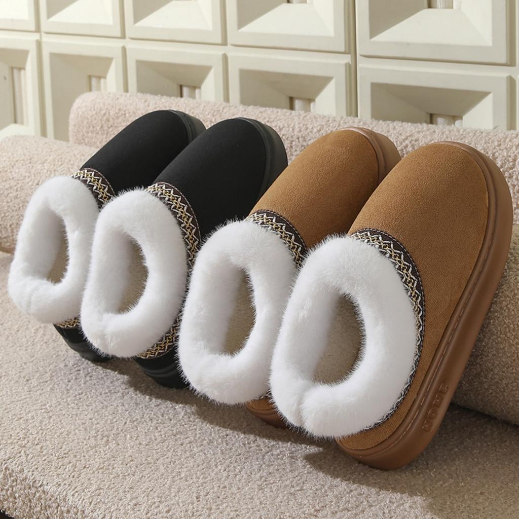 Autunno e Inverno Pizzo Stile Etnico Moda Lana Bocca Pacchetto Completo Tacco Scarpe di Cotone per Coppie, Pantofole di Cotone da Interno e da Esterno