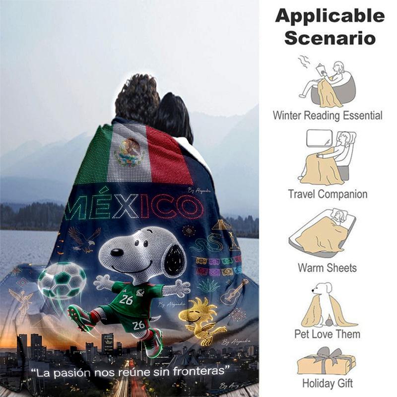 1pc Snoopy Mexico Soccer Flannel Blanket Soft Warm Throw Blanket for Bedroom Living Room Bed Travel Camping Picnic Gift. MT71501112
