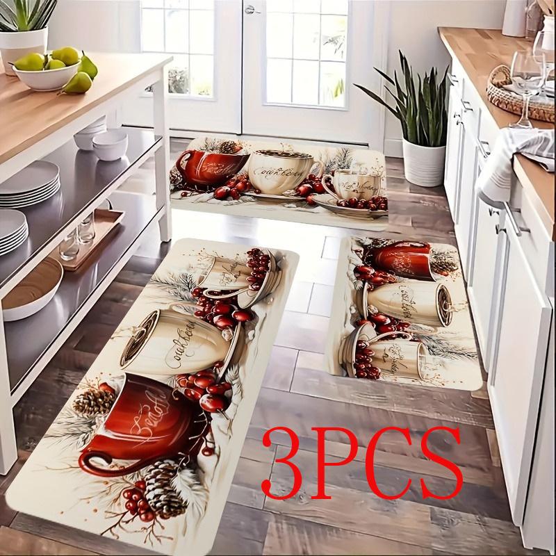 Christmas Holiday Warm Coffee Theme Kitchen Mat Non Slip Oil Resistant Runner Mat for Home Dining Room Winter Decor