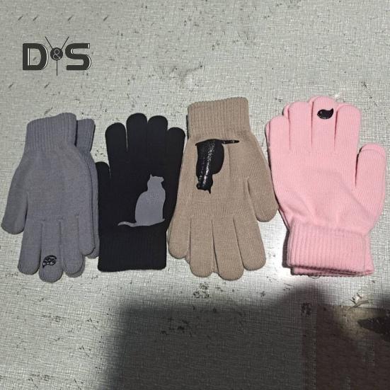 1 Pair Winter Knitted Gloves Thick Plush Solid Color Cat And Bird Printing High Elasticity Windproof Keep Warm Cycling Gloves