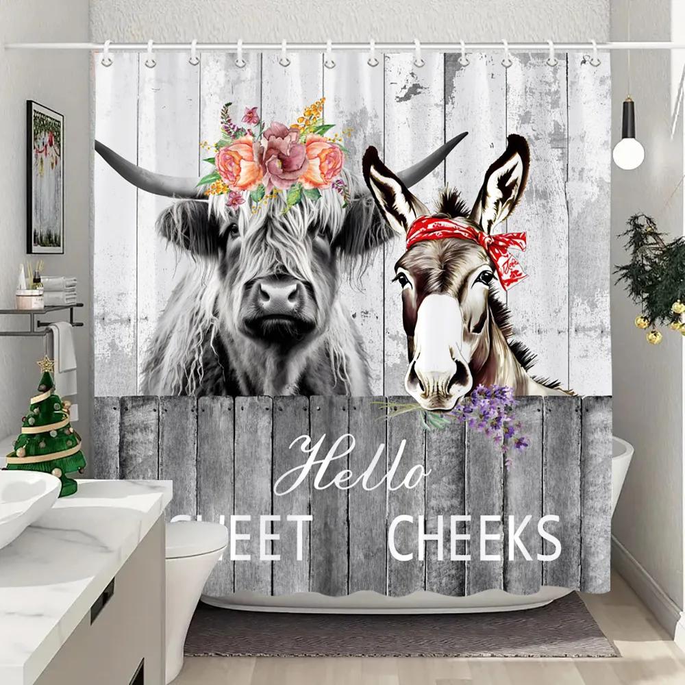 Funny Highland Cow In Bathtub Shower Curtain Green Plants Eucalyptus Leaves Sunflower Lavender Shower Curtains Bathroom Decor