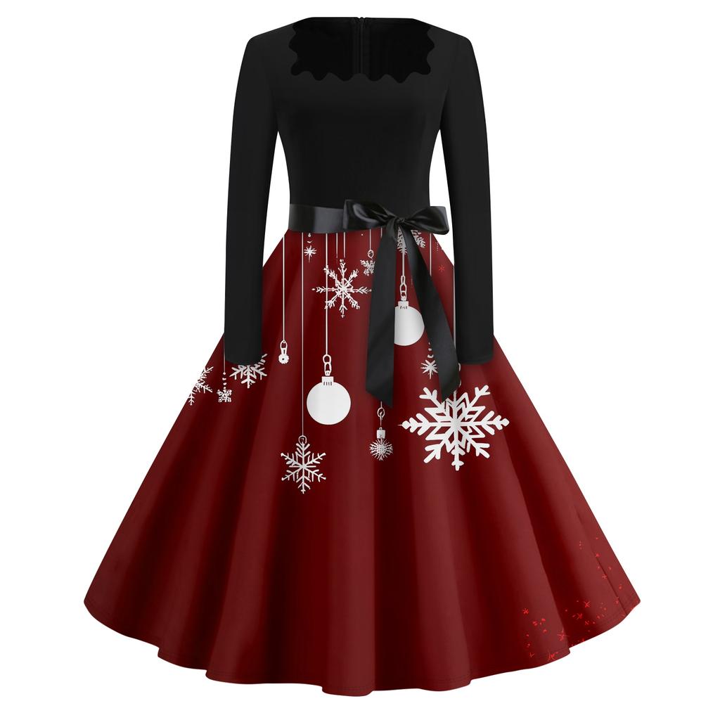 Christmas Print Flare Dress For Women Long Sleeve Dress Hollow Party Casual Square Collar Dresses