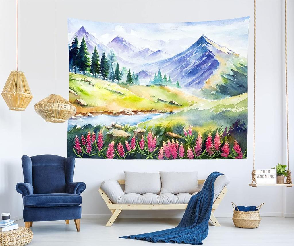 Loccor Mountain Watercolor Tapestry Spring Scenery Wall Tapestry Mountain Lake Forest Tapestries Nature Wall Art for Home Office