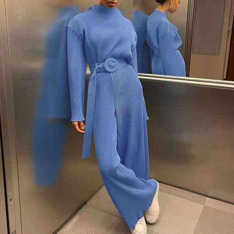 

New Style Long-sleeved Top+wideleg Pants Pleated Casual Suit Blue S