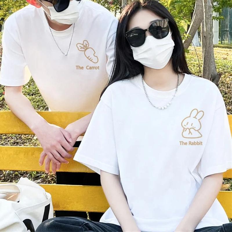 Korean Street Style Cotton Couple Valentines Tshirt Cartoon Cute Rabbit Carrots Print Unisex Women Top Streetwear Kawaii Clothes