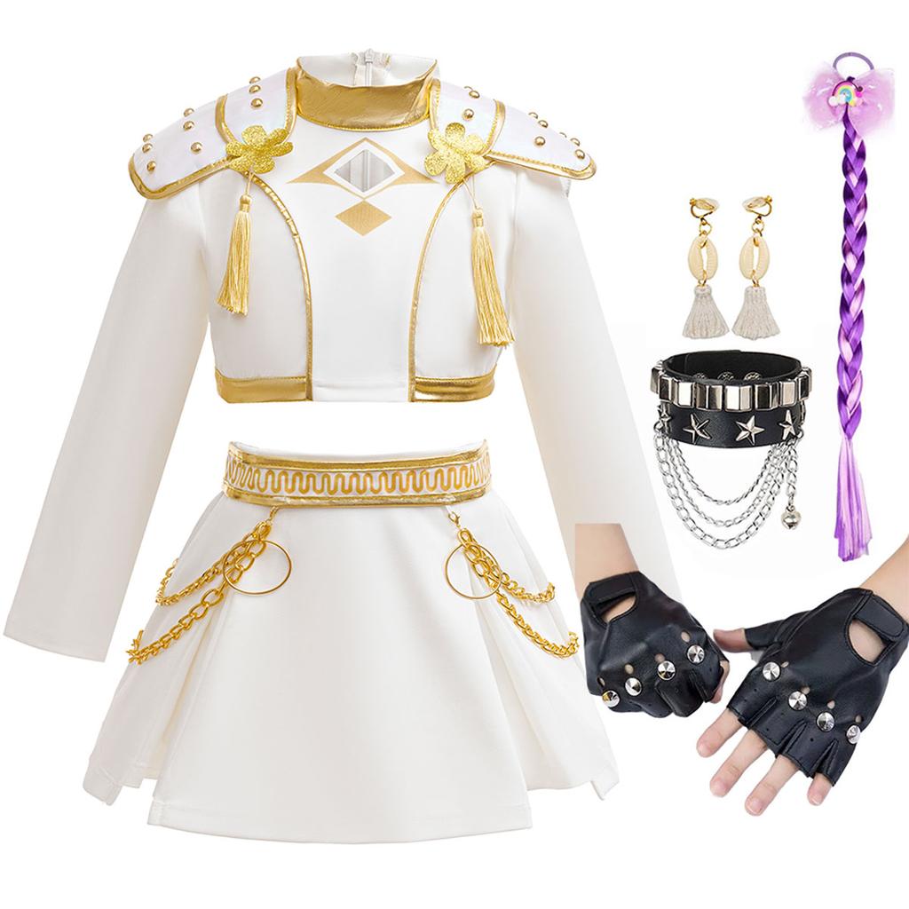 Nuovo Carnevale di Halloween Tema Festa Ragazze Cosplay Moda Carino Bianco Maniche Lunghe Vestito + Set di Accessori 3-10 Anni