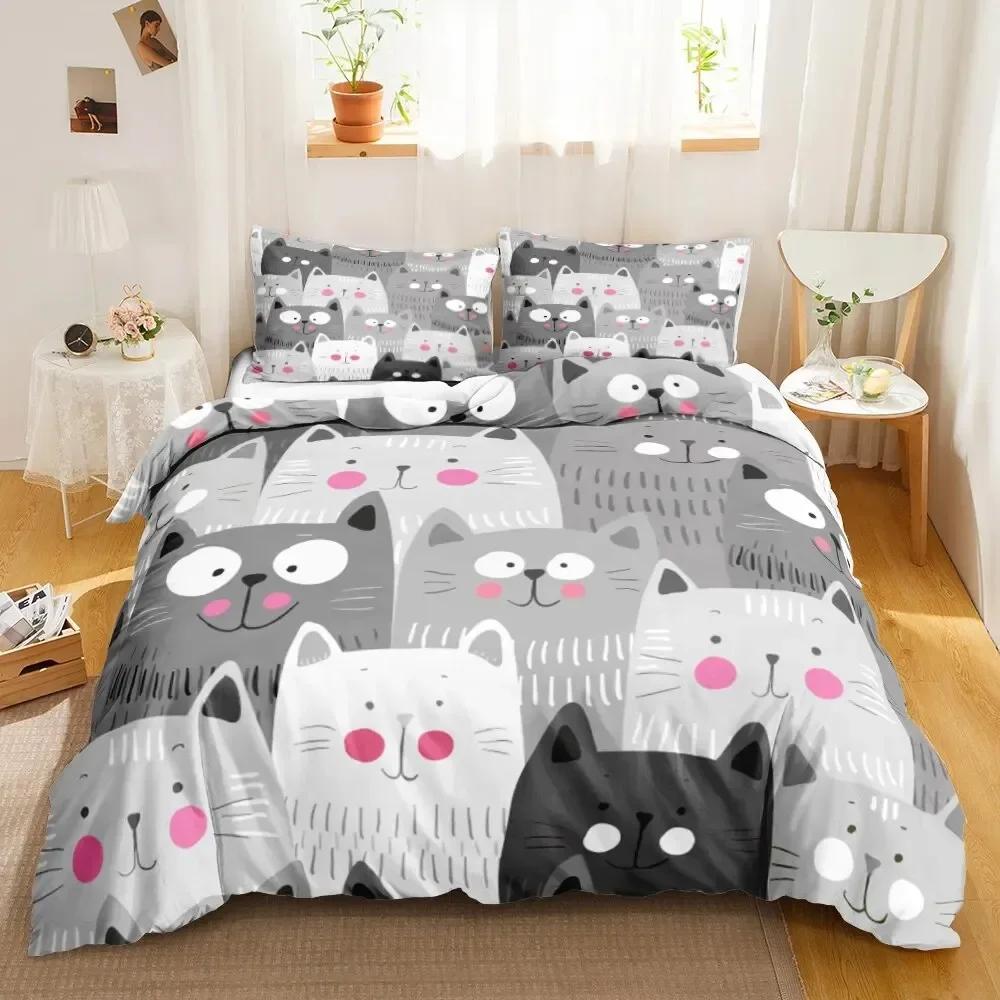 Cat Cartoon Cute Kitten Comfortable Duvet Quilt Cover Pillowcase Bedding Set Children Bedroom Decoration Home Textile