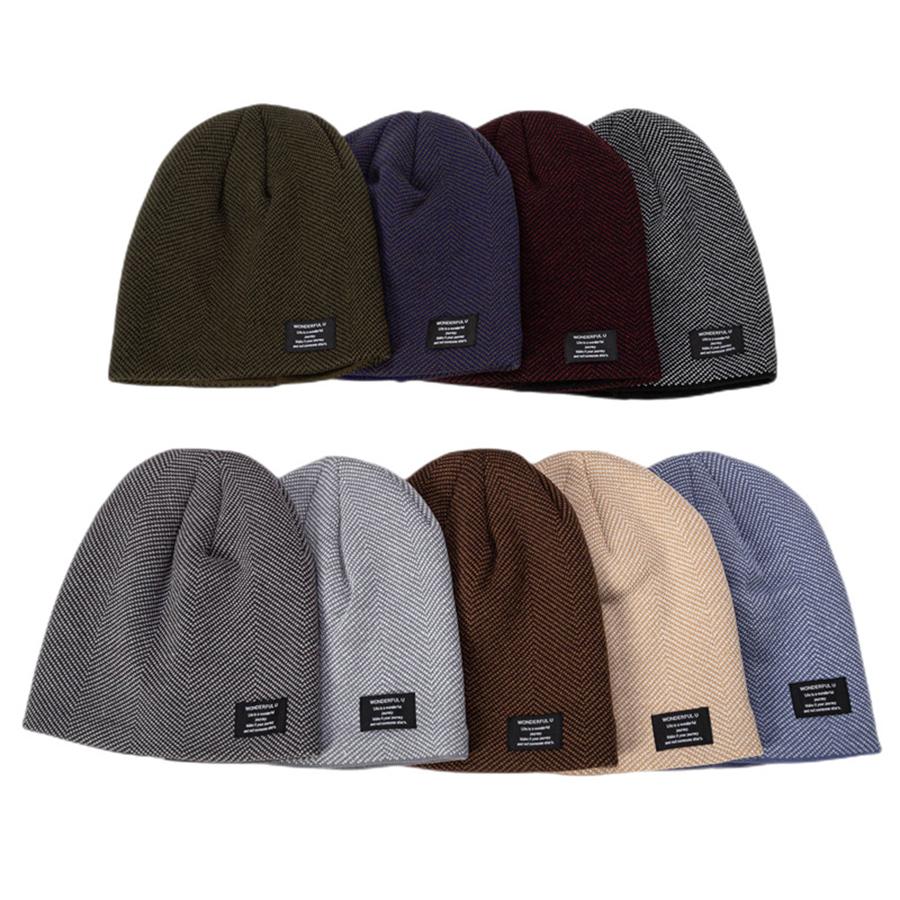Herren Slouchy Strickmützen Gefütterte Warme Sport-Beanie Lässige Label-Deko Wintermützen