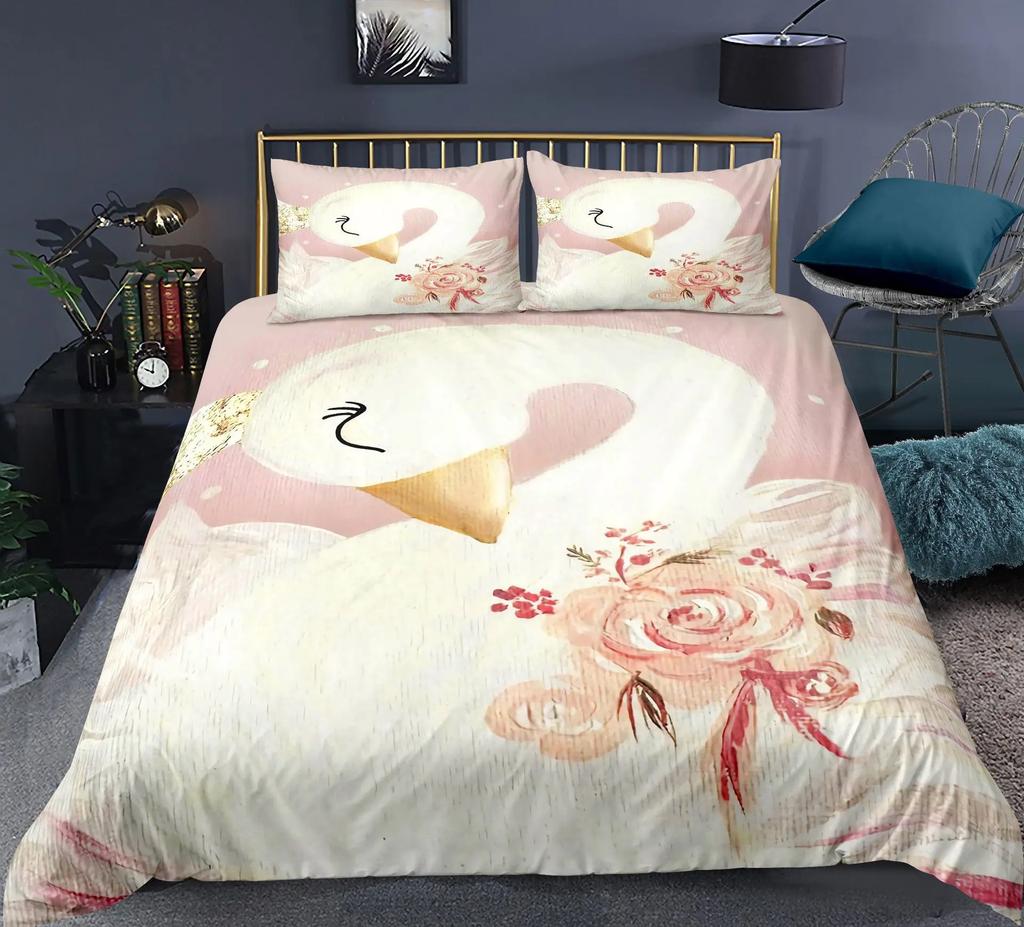 Comforter Swan Rose Crown Polyester Sweet Girl Children Romantic Pink Red Queen King Size For Bedroom Decorations