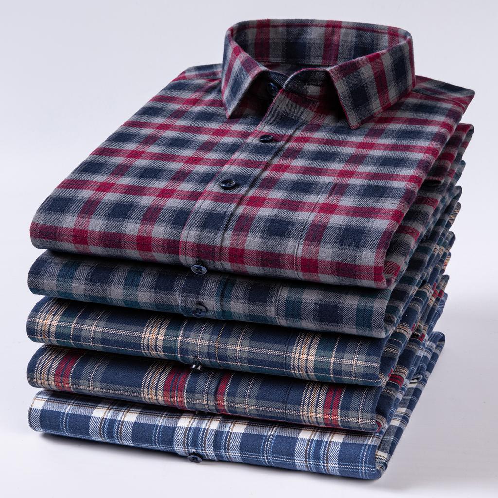 Over Size 100%cotton Brushed Plaid Long Sleeve Shirts for Men Single Pocket Casual Tops Soft Vintage Elegant Designer Clothes